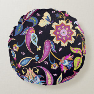 India Paisley Seamless Floral Ornament Round Pillow