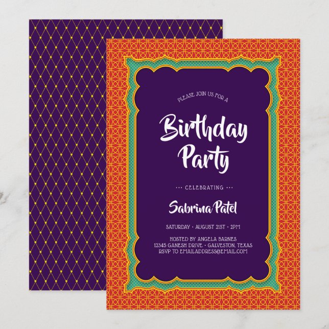 India Patterns Birthday Party 3 Invitation (Front/Back)