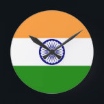 india round clock<br><div class="desc">Flag of India. The National flag of India is a horizontal rectangular tricolour flag, of India saffron, white and India green; with the Ashok Chakra, a 24-spoke wheel, in navy blue at its centre. It was adopted in its present form during a meeting of the Constituent Assembly held on 22...</div>