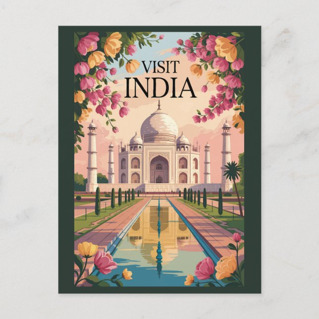 India Taj Mahal Illustration Travel Art Vintage Postcard (Front)