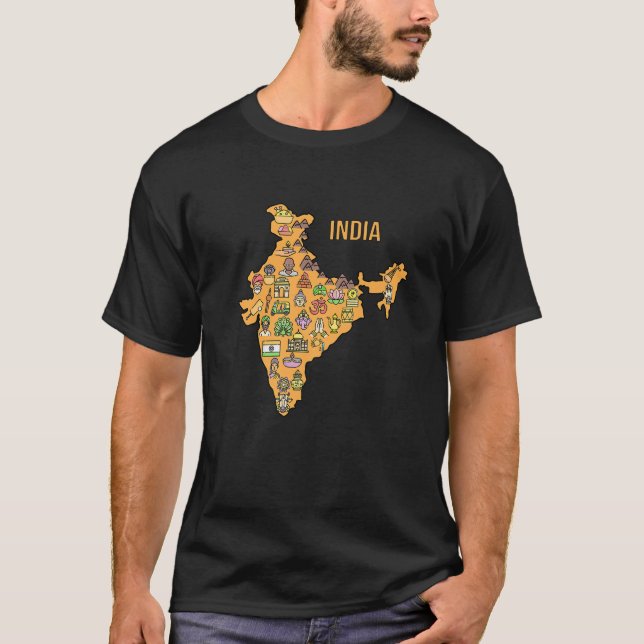 India Travel Map. Icons Of Famous Landmarks And At T-Shirt (Front)
