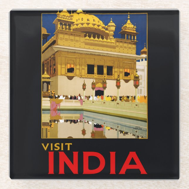 India travel poster indian vintage art glass coaster (Front)