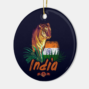 India Vintage Tiger With Flag Retro Lotus Souvenir Ceramic Ornament