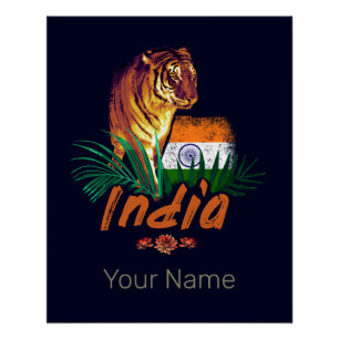 India Vintage Tiger With Flag Retro Lotus Souvenir Poster