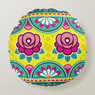 Indian and Pakistani truck art seamless long horiz Round Pillow