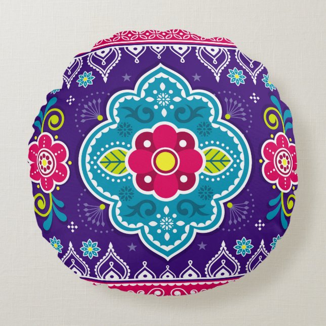 Indian and Pakistani truck art seamless pattern de Round Pillow (Front)