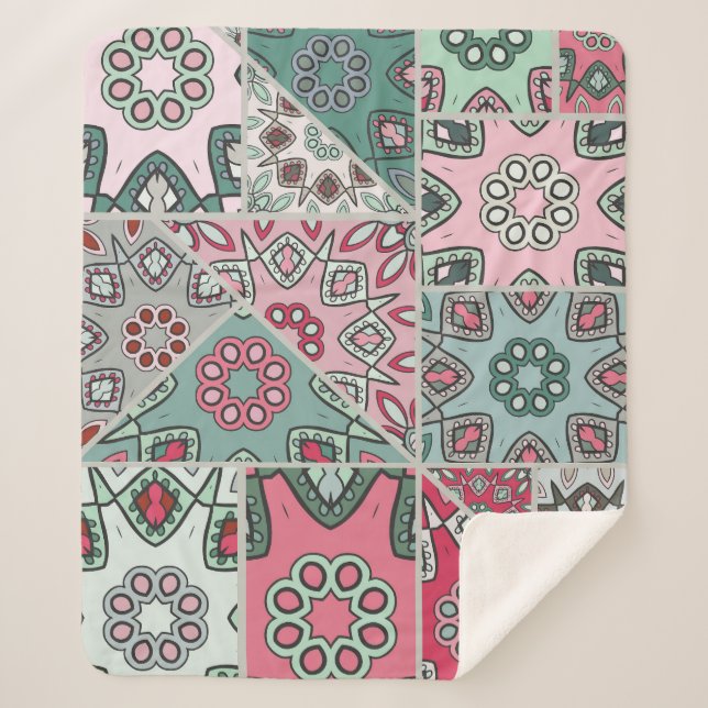 Indian Arabic Patchwork Quilt Vintage Sherpa Blanket (Front)