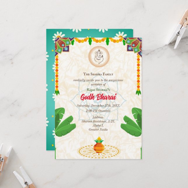 Indian Baby Shower Godh Bharai Hindu Invitation  (Front/Back In Situ)