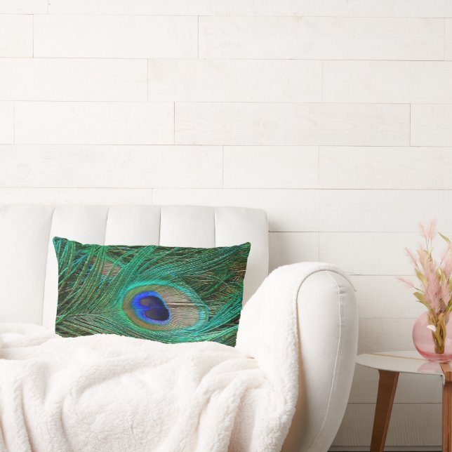 Indian Blue Peacock Feather Lumbar Pillow (Couch)
