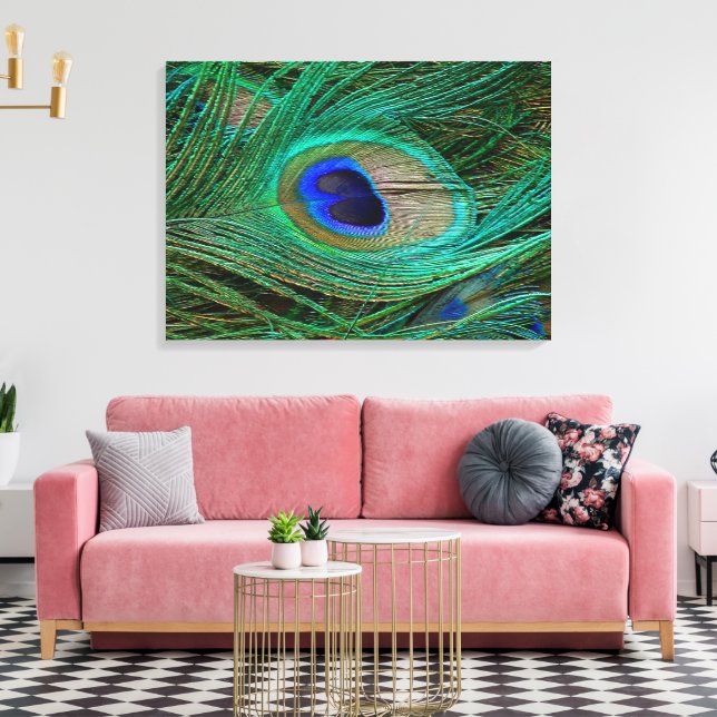 Indian Blue Peacock Feather Stretched Canvas Print (Insitu(LivingRoom))