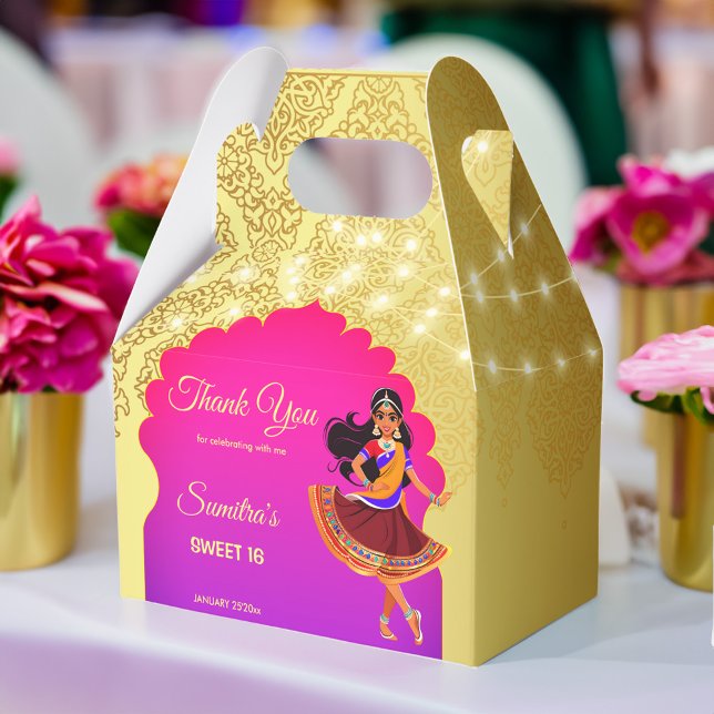 Indian Bollywood girls birthday party template Favor Box (Indian Bollywood girls birthday party template Favor Box gold and pink cute cartoon caricature)