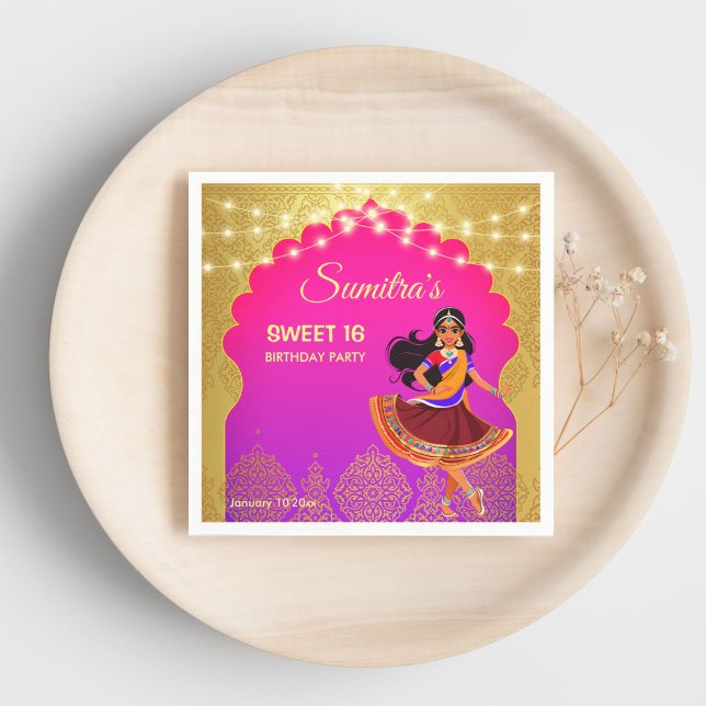 Indian Bollywood girls birthday party template Napkin (Indian Bollywood girls birthday party template printed Napkins cute cartoon pink and gold party )