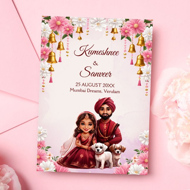 Indian bridal couple with dogs caricature invitation (Indian bridal couple with cute puppies dogs caricature wedding invitation editable template )