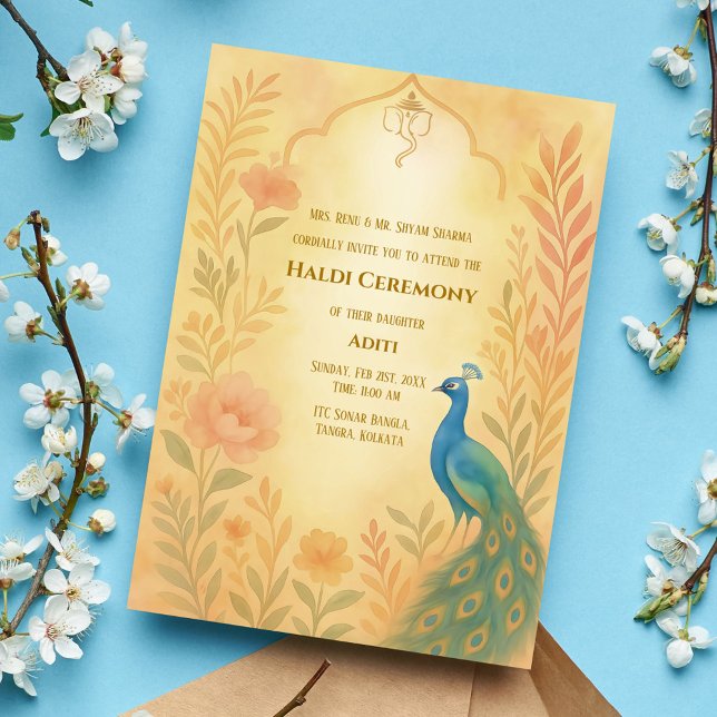 Indian Bride Haldi Ceremony Peacock Floral Invitation (Creator Uploaded)