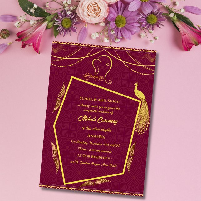 Indian Bride Mehndi Ceremony Peacock Design Invitation (Creator Uploaded)
