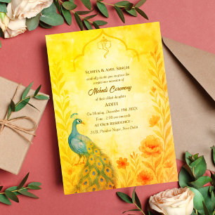 Indian Bride Mehndi Ceremony Peacock Floral Invitation