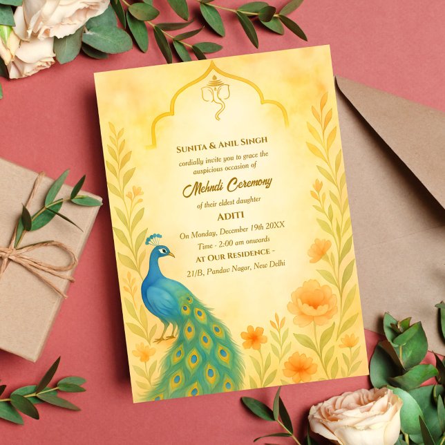 Indian Bride Mehndi Ceremony Peacock Floral Invitation (Creator Uploaded)