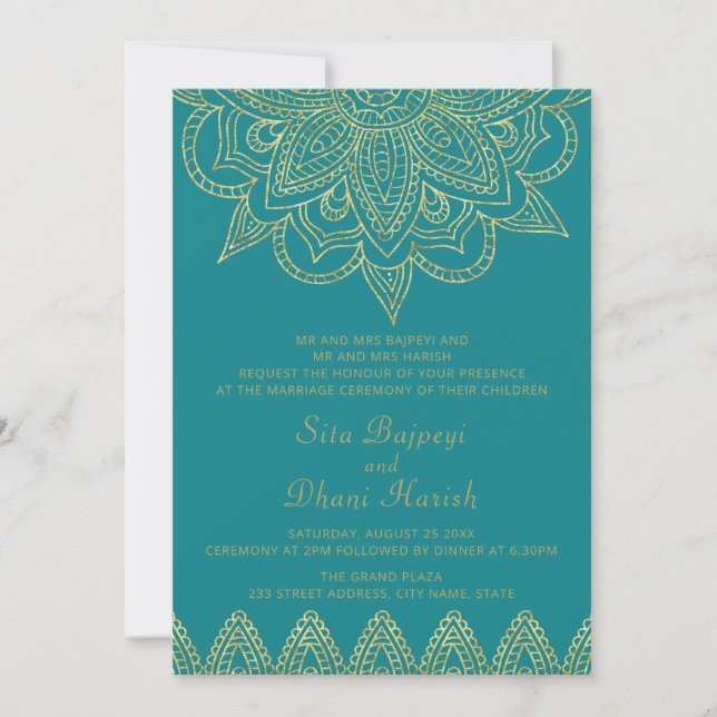 Indian Bright Blue Green Gold Mehndi Hindu Wedding Invitation (Front)