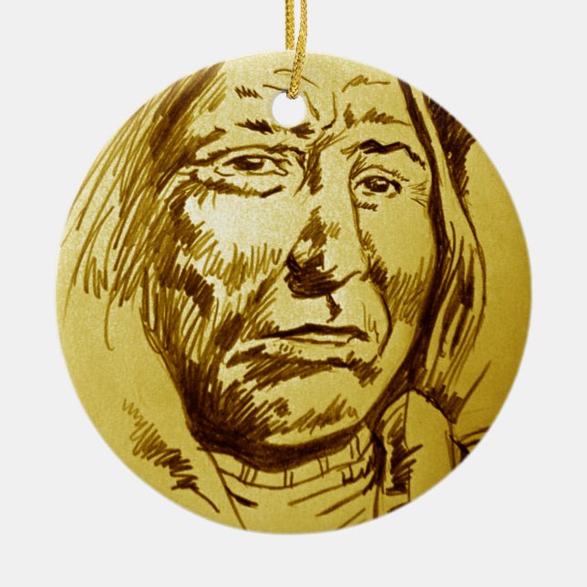 Indian Chief Pencil Sketch Ceramic Ornament (Front)