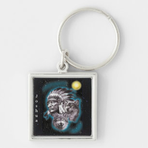Indian Chief & Wolves Keychain