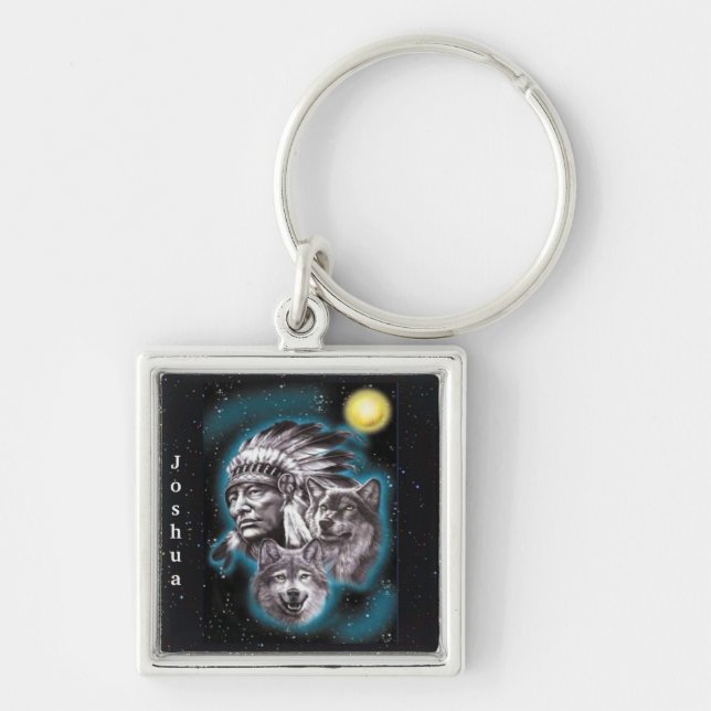 Indian Chief & Wolves Keychain (Front)