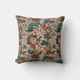 Indian Colonial Garden Elephants Tigers Vintage Throw Pillow