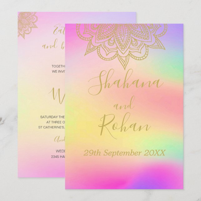 Indian Colourful Gold Colour Modern Chic Wedding  Invitation (Front/Back)