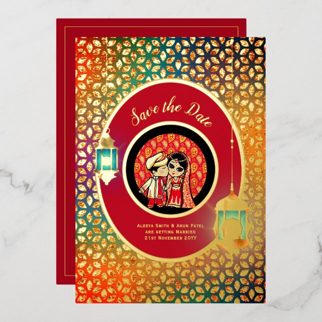 Indian Couple REAL GOLD FOIL Cute Save Date (Front/Back)