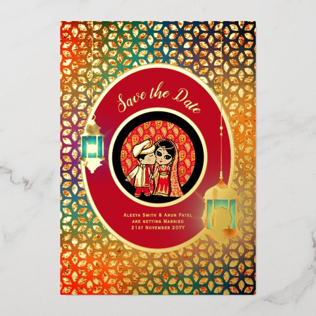 Indian Couple REAL GOLD FOIL Cute Save Date Foil I (Front)