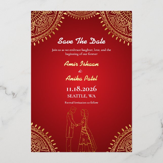Indian Couple Wedding Red Gold Save The Date (Front)