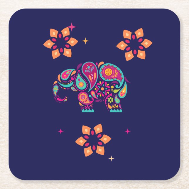 INDIAN DIWALI ELEPHANT COLORFUL DESIGN SQUARE PAPER COASTER (Front)