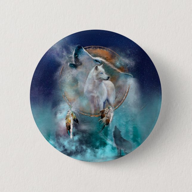 Indian dreamcatcher and ethnic tribal head wolf 2 inch round button (Front)