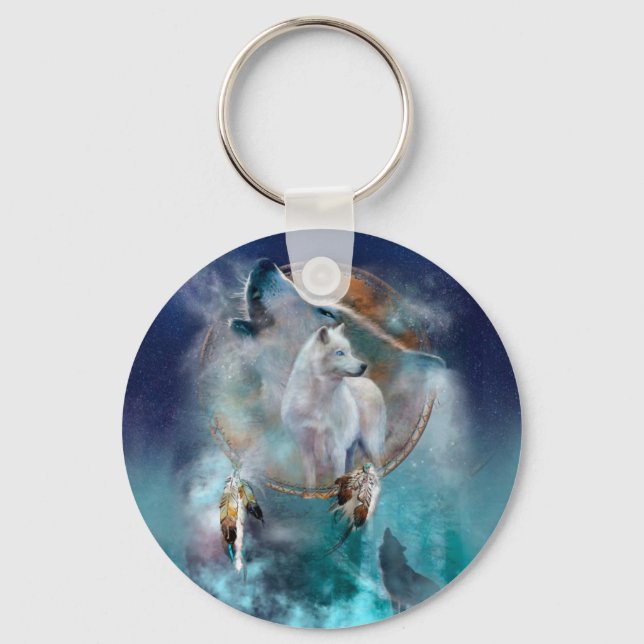 Indian dreamcatcher and ethnic tribal head wolf keychain (Front)