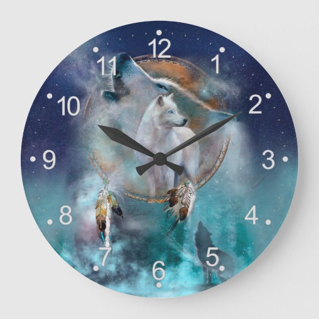 Indian dreamcatcher and ethnic tribal head wolf large clock (Front)