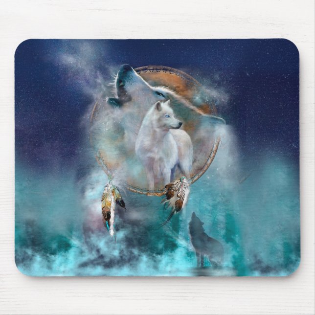 Indian dreamcatcher and ethnic tribal head wolf mouse pad (Front)