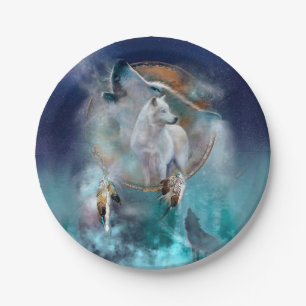 Indian dreamcatcher and ethnic tribal head wolf paper plate