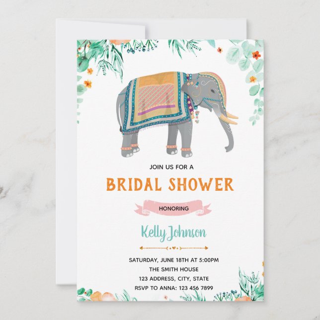 Indian elephant bridal shower theme party invitation (Front)