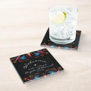 Indian Elephant Floral Black Wedding Glass Coaster