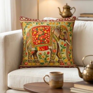 Indian Elephant Floral Bohemian Art Throw Pillow