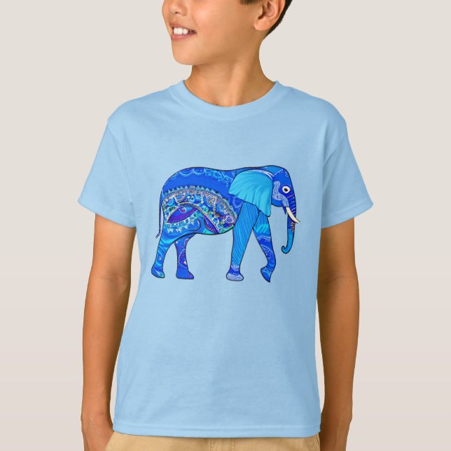 Indian Elephant in a Blue Arabesque Pattern T-Shirt (Front)
