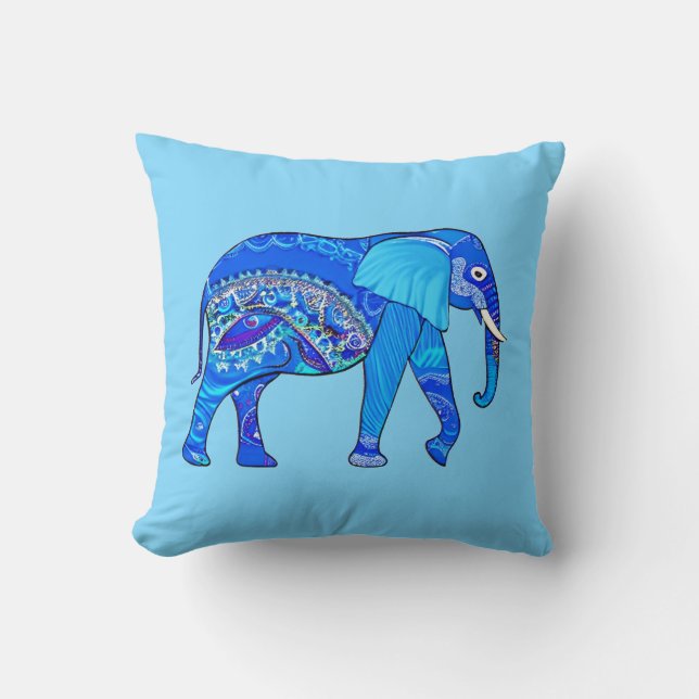 Indian Elephant in a Blue Arabesque Pattern Throw Pillow (Front)