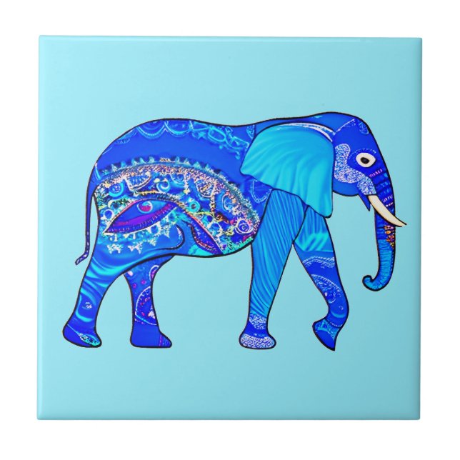 Indian Elephant in a Blue Arabesque Pattern Tile (Front)
