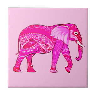 Indian Elephant in a Fuchsia Pink Arabesque Patter Tile