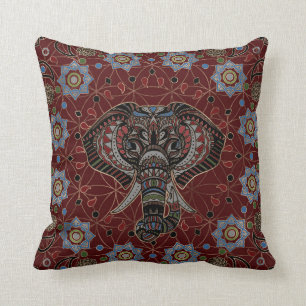 Indian Elephant in Mandala Ornament Throw Pillow