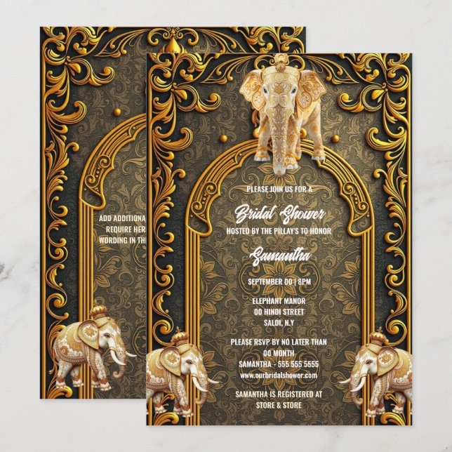 Indian elephants green gold luxury bridal shower invitation (Front/Back)