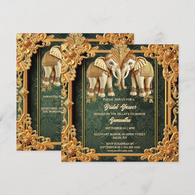 Indian elephants green gold ornate bridal shower holiday card (Front/Back)