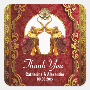 Indian elephants Hindi lotus flower burgundy white Square Sticker