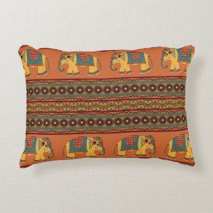 Indian Elephants, Orange Traditional Seamless. Accent Pillow