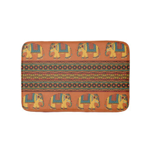 Indian Elephants, Orange Traditional Seamless. Bath Mat