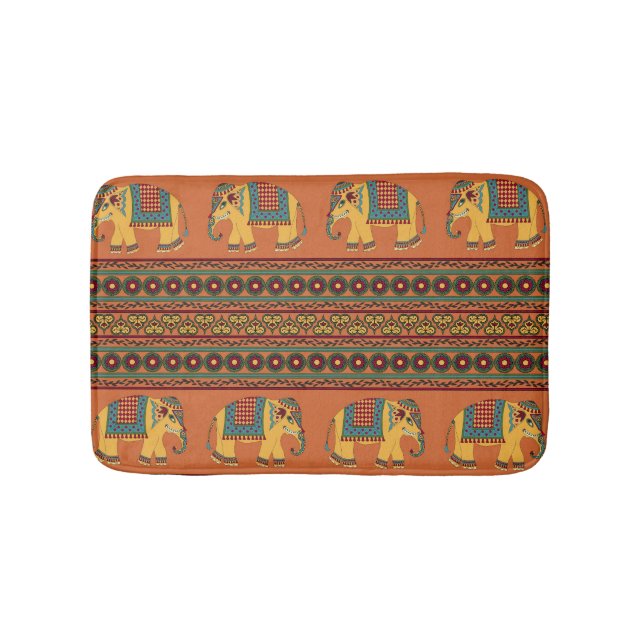 Indian Elephants, Orange Traditional Seamless. Bath Mat (Front)